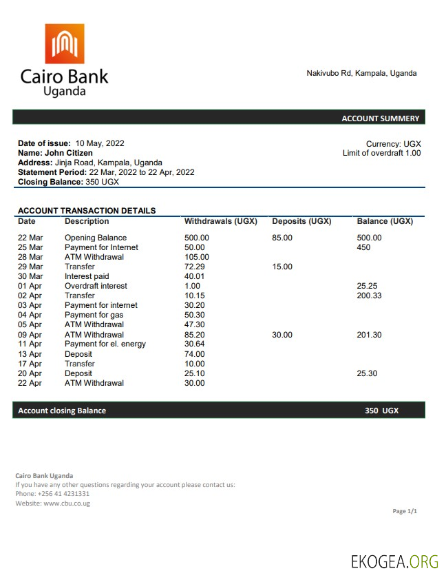 Relevé bancaire de l'Ouganda au Caire template Relevé bancaire de l'Ouganda au Caire template